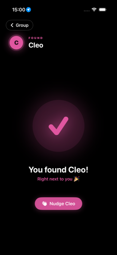 Beacon compass screen confirming a friend has been found right next to you